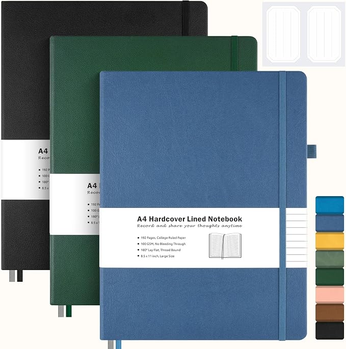 3 Pack College Ruled Notebook, A4 Hardcover Leather Notebook for Work, Lined Notebook Journal for Women, Men, 192 Thick Paper, 8.5" x 11", Large Notebook, Professional Business Notebook, Multicolor