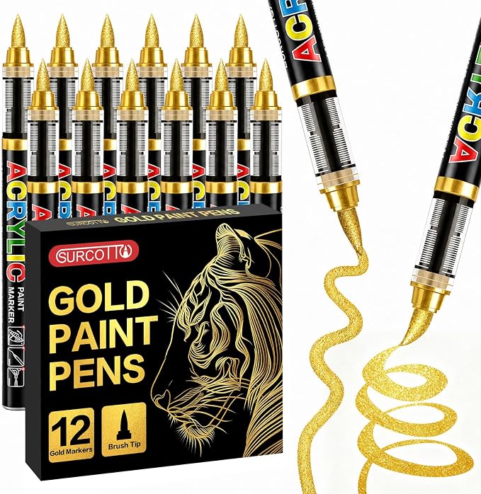 Surcotto 12 Gold Acrylic Paint Pens,Soft Brush Tip Markers,Quick-Drying, Waterproof,Direct-Liquid Ink, Permanent Markers for Canvas,Rock Painting,Wood, Stone,Glass,Ceramic,Fabric Painting,DIY Crafts
