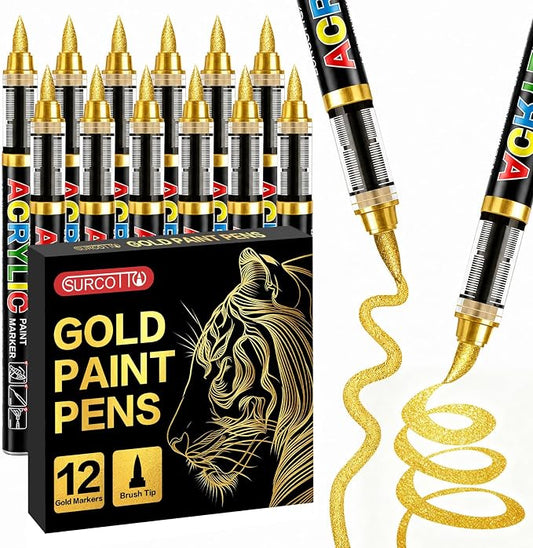 Surcotto 12 Gold Acrylic Paint Pens,Soft Brush Tip Markers,Quick-Drying, Waterproof,Direct-Liquid Ink, Permanent Markers for Canvas,Rock Painting,Wood, Stone,Glass,Ceramic,Fabric Painting,DIY Crafts