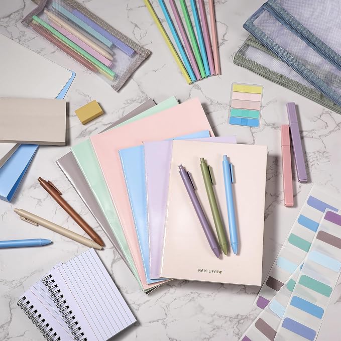 Colarr 54 Pcs Aesthetic College School Supplies Back to School Set,Morandi | 3 A5 + 3 B5 Lined Notebook, 12 Gel Pen, 12 Pencil, 12 Highlighter, Sticky Tabs, Folder Storage Bag, Journal Stationery Set