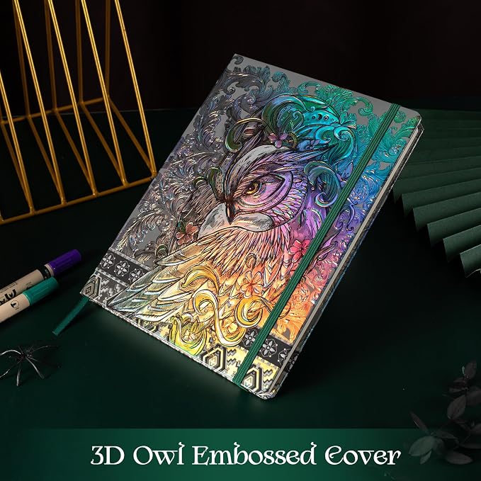 MGGAO B5 Lined Journal Notebook, Aesthetic Owl Embossed, Hardcover | Wide Ruled, 6.8" X 9.1", 192 Pages, Ribbon, Elastic Band, For Women & Men, For School & Office, Writing & Note Taking