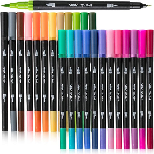 Mr. Pen- Dual Tip Brush Pens, 24 pcs, Assorted Color | Fine & Brush Tip Markers for Adult Coloring Markers for Adults