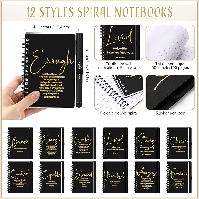 Kosiz 48 Sets Christian Gifts Bulk Christian Notebooks with Pens Inspirational Prayer Journals Bulk A6 Spiral Small Notepads for Women Men Church Members Bible Study Groups (Black)