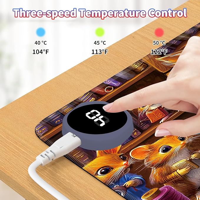 Heated Desk Pad Large Mouse Pad 23.6 x 14.1 inch with 3 Levels Heating & Auto Shut-Off Warm Mouse pad PU Leather Computer Mousepad for Home Office Work - Owl Book