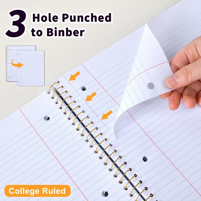 MUAHLIUB Spiral Notebook College Ruled Paper 8" x 10-1/2", 1 Subject Spiral Notebook, 3-Hole Punched Perforated Pages Ideal for School, Office, Writing, 95 Sheets Lined Journaling Notebook, Blue