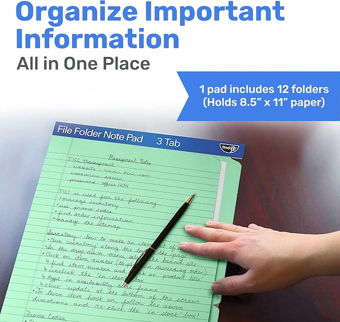Find It File Folder Notepad - Pack of 12-9.5 x 12.5 Inch Notebook Organizer Folders for Filing, Document, and Clipboard Organization - Green | Wide-ruled clipboard-style pages, tear-out perforated sheets, great for office, home, and school filing organ...