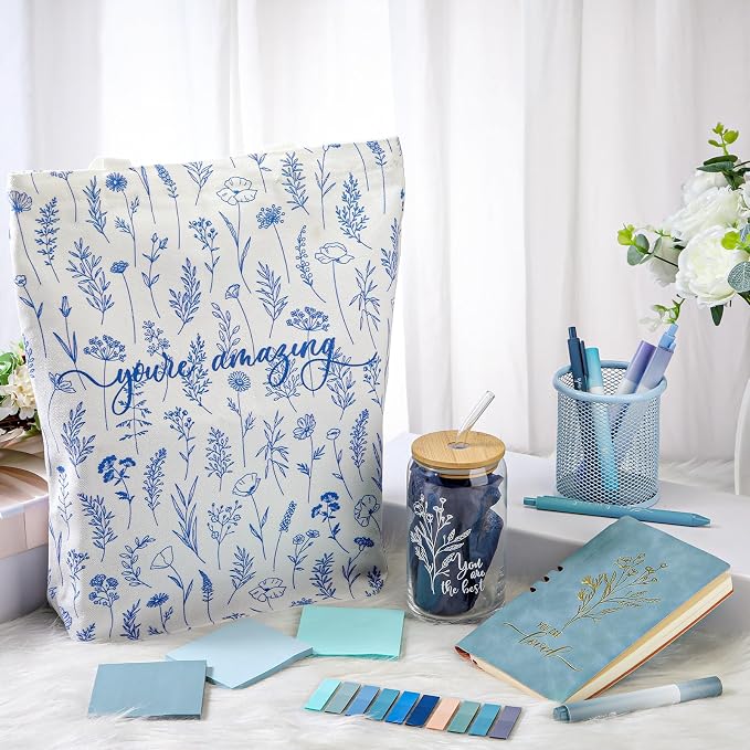 14 Pcs Inspirational Journal Kit for Women Aesthetic A6 Leather Journal Notebook Glass Cup Canvas Tote Bag Motivational Pen Stationery Set for Vbs Sunday School Teacher Back to School(Blue)
