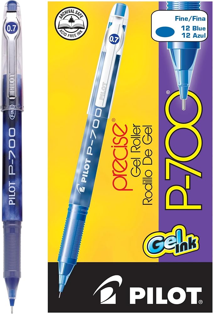 Pilot Precise P-700 Gel Ink Rolling Ball Stick Pens, Fine Point 0.7mm, Blue Ink Pens, 12-Pack