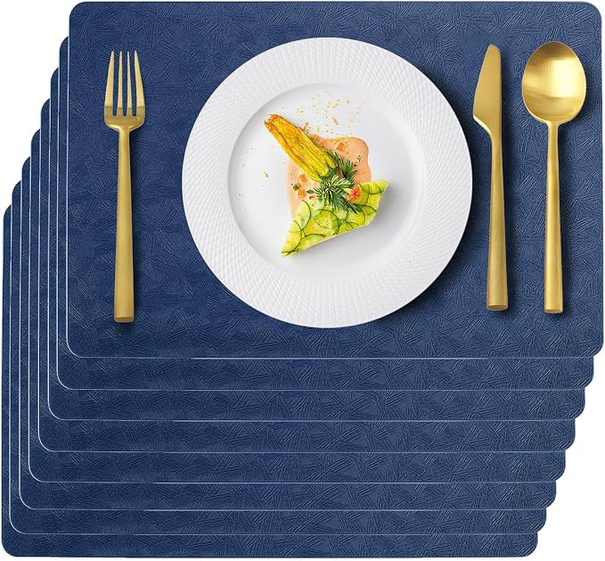 Blue Plastic Placemats Set of 8, Faux Leather Waterproof Table Mats | Blue Vinyl placemats,Wipeable and heat resistant table mats.Easy to clean,great for indoor and outdoor