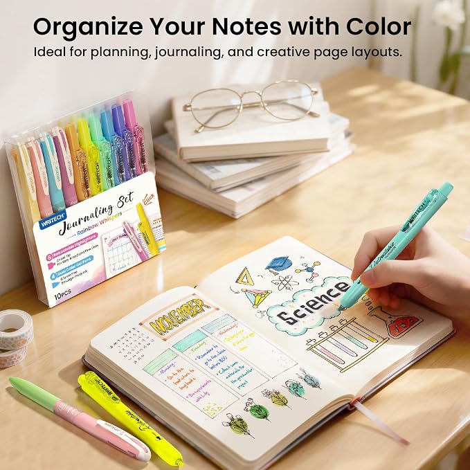 WRITECH Gel Pens Journaling Highlighters: Journal Set Aesthetic Assorted Pastel Color Ink 0.5mm Fine Point Retractable 2 in 1 Pen Smooth Writing Drawing 10ct