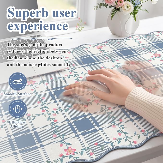 iCasso Leather Scalloped Checkered Mouse Pads for Desk, Aesthetic Floral Computer Mat, Back to School XXL Desk Mat for Keyboard and Mouse, Mousepad with Stitched Edges, Keyboard Pad(Light Blue)