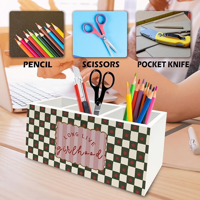 Girls Room Decor Pen Pencil Holder Organizer for Desk, Long Live Girlhood Green Checkered Wooden Box Signs Decorations for Kids Girls Room Bedroom Desk Tabletop, Girl Nursery Decor