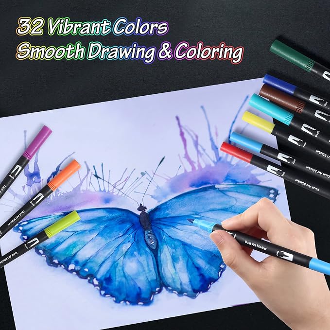 Peablce Art Markers Brush Pen Markers for Adult Coloring 32 Colored Pens | Fine Point Highlighter Pen & Brush Markres for Journaling Note Taking Planner