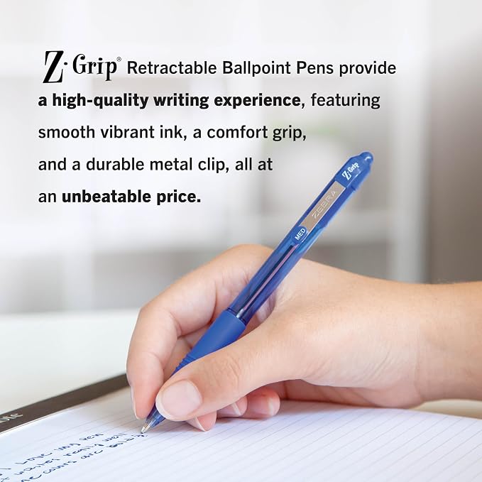 Zebra Pen Z-Grip Retractable Ballpoint Pen, Smooth-Flowing Blue Ink, 1.0mm Medium Point, School & Office Supplies, Ideal for Note-Taking, Journal and Planner Use, 18-Pack (22258)