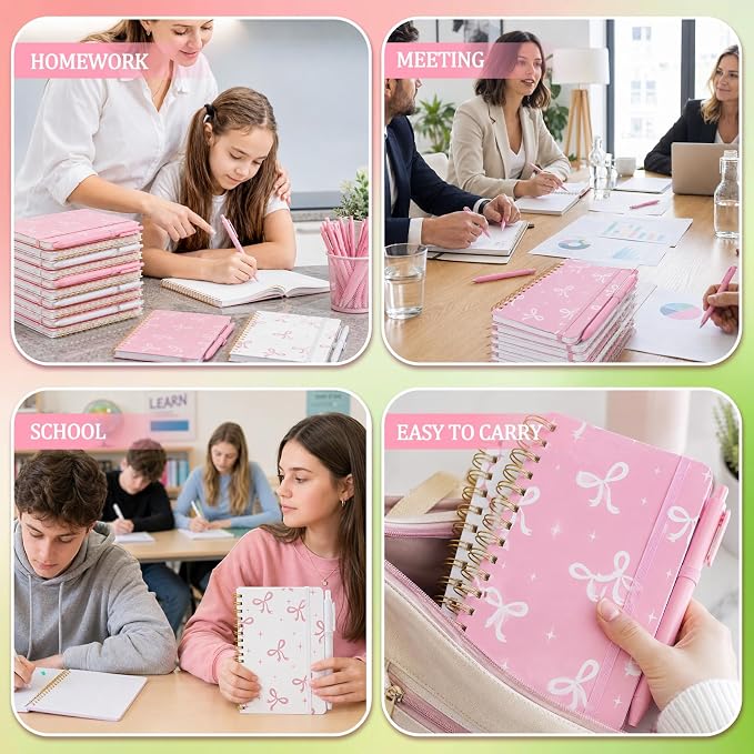 Fulmoon 24 Set Pink Bow A6 Spiral Notebook with Ballpoint Pens 50 Sheets, 4"x 6" Small Bow College Ruled Notepads Journaling Notebooks Bulk for Back to School Supplies Offices Team Coquette Gifts
