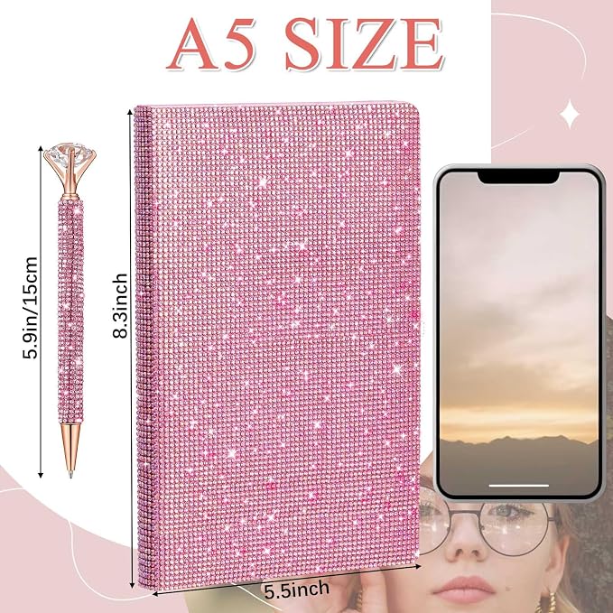 Rhinestone Pen & Glitter Notebook Set, Hard Cover Bling Diary Journal for Girls, Cute School Supplies for Back to School, Sparkly Desk Accessories Gift for Women(Rhinestone,A5,Pink)