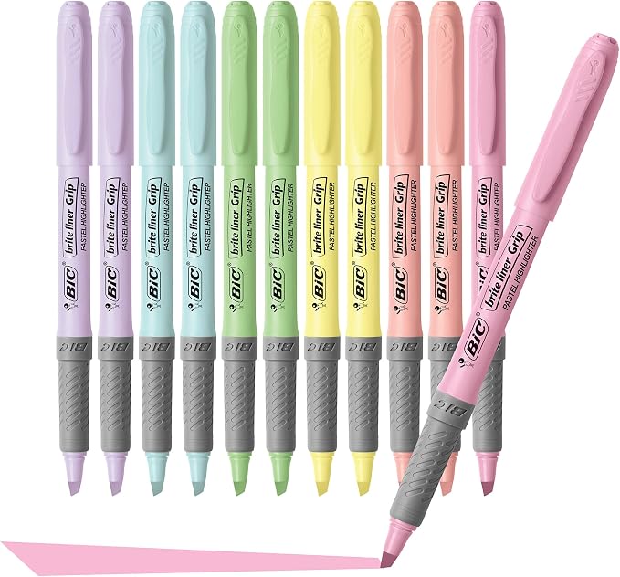 BIC Brite Liner Grip Pastel Highlighter Set, Chisel Tip, School Supplies for Students and Teachers, 12-Count Pack in Pastel Assorted Colors