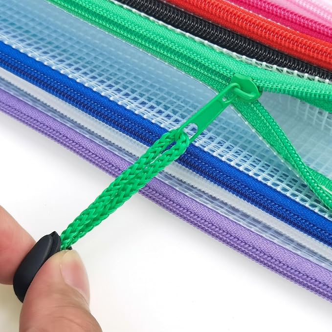 Plastic Mesh Zipper Pouch, 12Pcs Zipper File Bags with Label Pocket, Game Boards Storage Bags, Waterproof Document Storage Bags for Office Home Travel (Receipt Size 9.2x4.1 in)