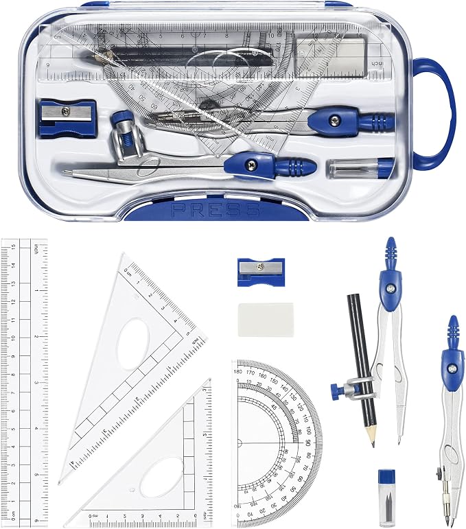 Unjoo Geometry Set 10 Pcs Student Supplies,Protractor and Compass,Navy Blue | Shatterproof Storage Box,Rulers,Protractor,Compass,Eraser,Pencil Sharpener,Lead Refills,Pencil,for Classroom, Back to School