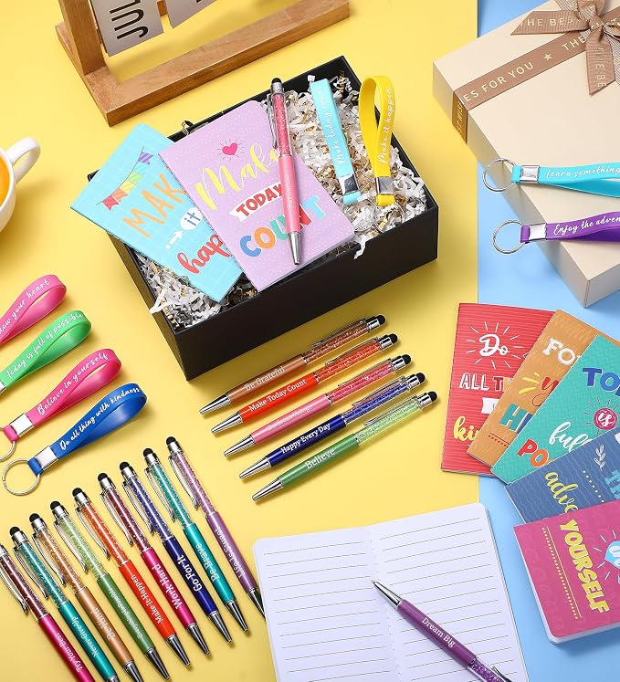 PerKoop 48 Pcs Inspirational Gifts Bulk VBS Notepads 3 x 5 Inch Motivational Ballpoint Pens Keychains Bulk Cute Colorful Journal Notebooks for Office Party Favor Supplies