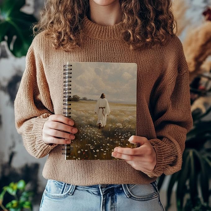 Christian Notebook – Jesus Walking in Peaceful Meadow – Religious Journal with Nature Artwork – Hardcover Faith Diary for Daily Writing, Spiral Bound 5.5x8.3 Inches