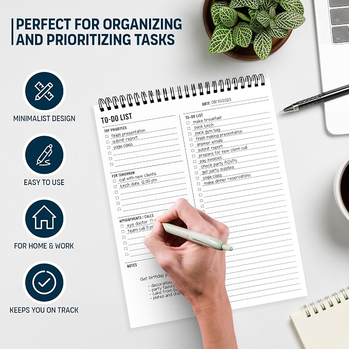 To Do List Notepad 8.5x11" - Large Size, 52 Sheets - Daily Planner Notebook | with Multiple Functional Sections - Spiral Bound Task Checklist Organizer Agenda Pad for Work, Note & Todo List Organization