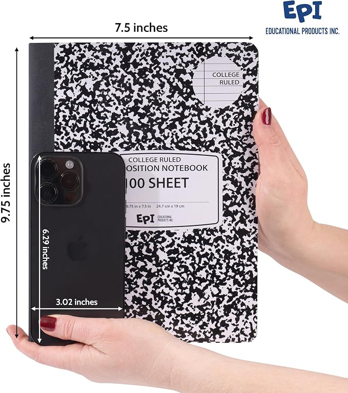12 Pack - EPI College Ruled Composition Notebook Black - 200 Pages (100 Sheets), 9-3/4 x 7-½ - Classroom Back to School Supplies, Heavy Duty, Durable Hardcover Office Notebooks, Sewn