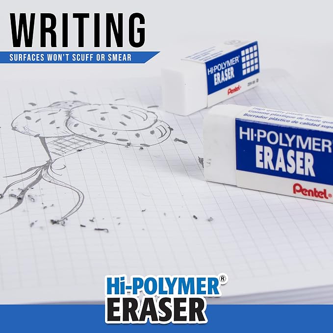 Pentel Hi-Polymer Block Eraser, Large, White, Pack of 10 Erasers