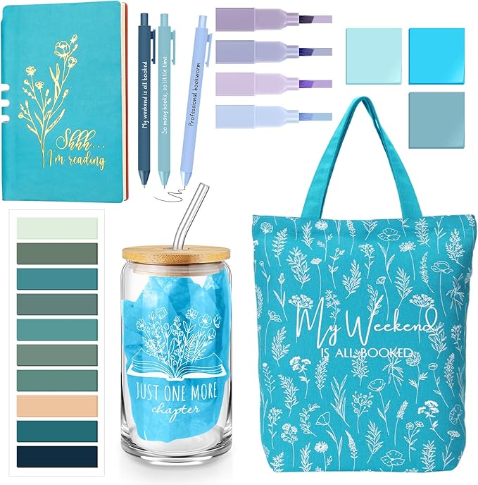Havawish 14 Pcs Book Lovers Gift for Women 16 oz Glass Cup Tote Bag A6 Journal Notebook Pens Highlighters Sticky Notes Back to School Teacher Librarian Bookish Book Club(Greenish Blue,Aesthetic)