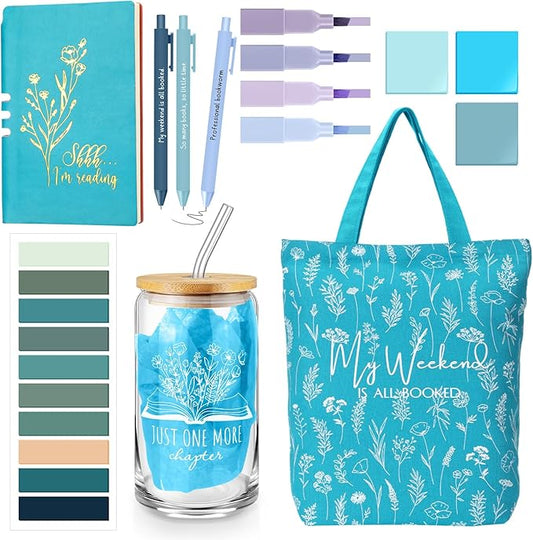 Havawish 14 Pcs Book Lovers Gift for Women 16 oz Glass Cup Tote Bag A6 Journal Notebook Pens Highlighters Sticky Notes Back to School Teacher Librarian Bookish Book Club(Greenish Blue,Aesthetic)