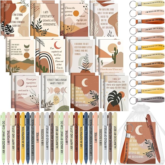 Mooliwe 12 Set Positive Affirmation Gift Set Gratitude Notebooks with Pens Keychains Small Bags Motivational Party Favors for Adult Women Coworkers Employee Group (Boho)