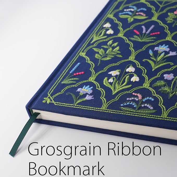 diodrio Luxury Embroidered Sketchbook for women 180gsm Premium Heavy Paper 92 Blank Pages, Keepsake Sketch Book with Floral Embroidery, 10.4" L x 8.25" W, Grosgrain Ribbon Bookmark, Lapis Blue, Size M