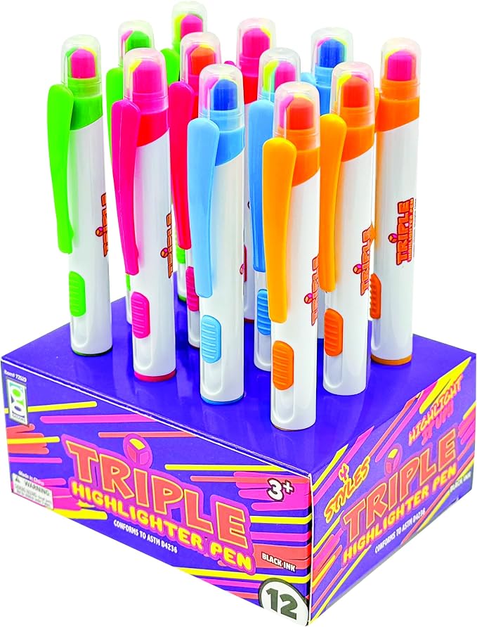 Raymond Geddes Triple Highlighter Pen - Pack of 12 - Versatile and Colorful Study Tools for Kids