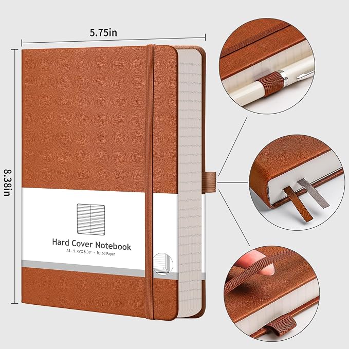AHGXG Lined Journal Notebook, 320 Numbered Pages, A5 (5.75'' X 8.38'') | Thick Lined Notebook for Note Taking, 100GSM Paper, Leather Hardcover, for Women Men (Brown)