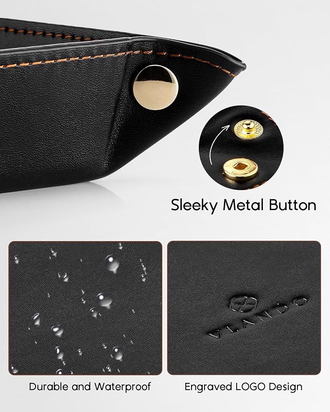 VLANDO Valet Tray, Foldable PU Leather Catchall Tray, Black | Valet Tray for Men, Nightstand, Dresser, Desk, Entryway and Travel Organizer for Keys, Wallet, Watch, Phone, Glasses and EDC