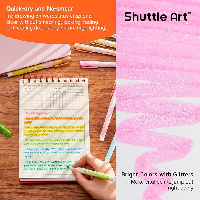 Shuttle Art Glitter Highlighters, 10 Sparkle Colors Chisel Tip Fluorescent Markers, Quick-Dry Non-Toxic Aesthetic Shimmer Highlighter Pens for Adults, Perfect for School Office Art Supplies