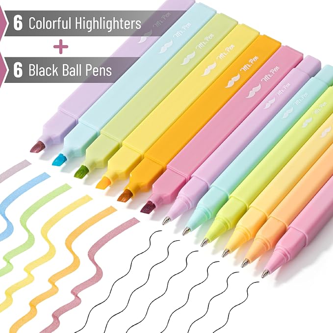 Mr. Pen- Aesthetic Highlighters and Ballpoint Pens No Bleed, 12 Pack | Spring Pastel, Bible Highlighters and Pens No Bleed, Fast Dry and No Smear for Bible Journaling, Planner, School Supplies
