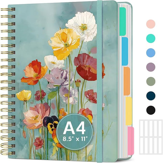 Large Lined Spiral Journal for Women Cute Hardcover 5 Subject Notebook for Work 8.5" x 11" with Removable Dividers & Tabs, College Ruled, 280 Pages Aesthetic Journal for Work, School & Note Taking, Floral Verse
