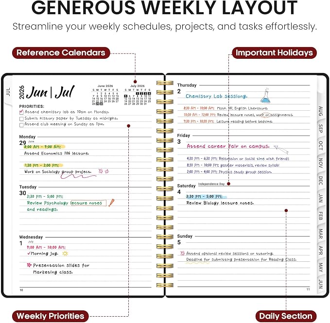 Planner 2026-2027, 6.3" x 8.5" Weekly and Monthly Academic Year Planner Calendar, July 2026 - June 2027, Hardcover Large School Planning Agenda With Tabs, Perfect for School & Office Supplies, A5, Black