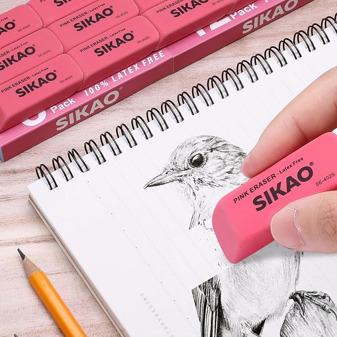 Pink Erasers, 6 Pack Pencil Erasers | Latex-Free & Smudge-Free Beveled Rubber Erasers for School Supplies, Classroom, Art & Homework