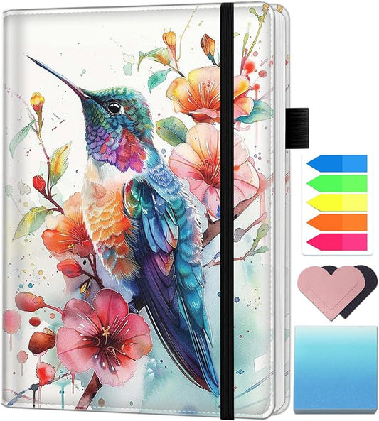 A5 Leather Lined Journal Notebook, 200 Pages Hardcover Executive Notebook for Men Women Office School Note Taking, Thick Writing Paper Daily Journal with Bookmarks/Indexes, Watercolor Hummingbird