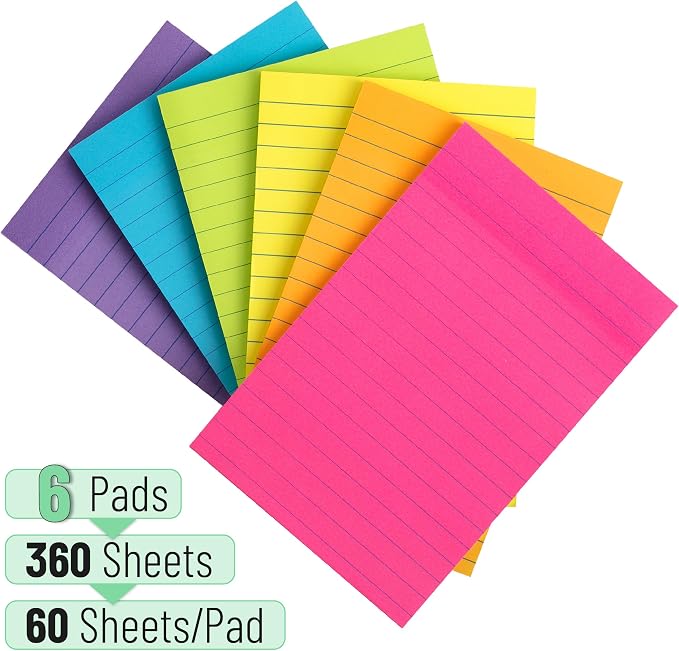 Mr. Pen- Lined Sticky Notes, 4" x 6", 6 Pads, 45 Sheets/Pad | Sticky Notes with Lines, Ruled Post Stickies, Memo Pads, Self-Stick Note Pad for Office, School, Home, Study