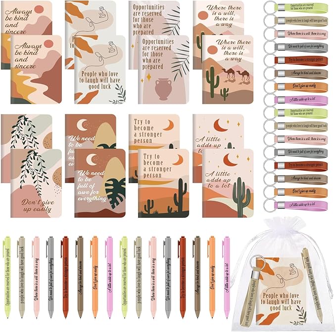 DoubleCare 64 Pcs Motivational Mini Notebooks Bulk Set,16Pcs Motivational Quote Notebooks,16Pcs Ballpoint Pens,16Pcs Keychains,16Pcs Packaging Bags,Thank You Gifts for Teacher Colleagues