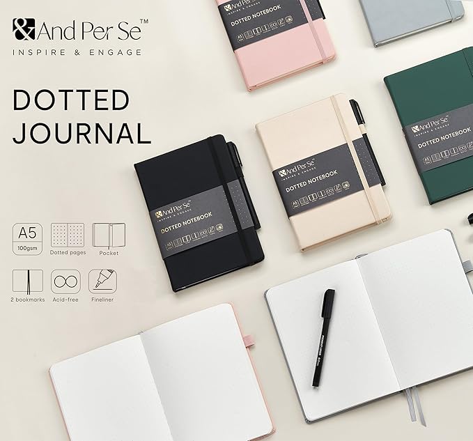 &And Per Se Dotted Journal and Pen Set, A5 Leather Hardcover Dotted Notebook, 160 Pages 100GSM Thick Paper Dot Grid Journal with Fineliner Pen (Green)