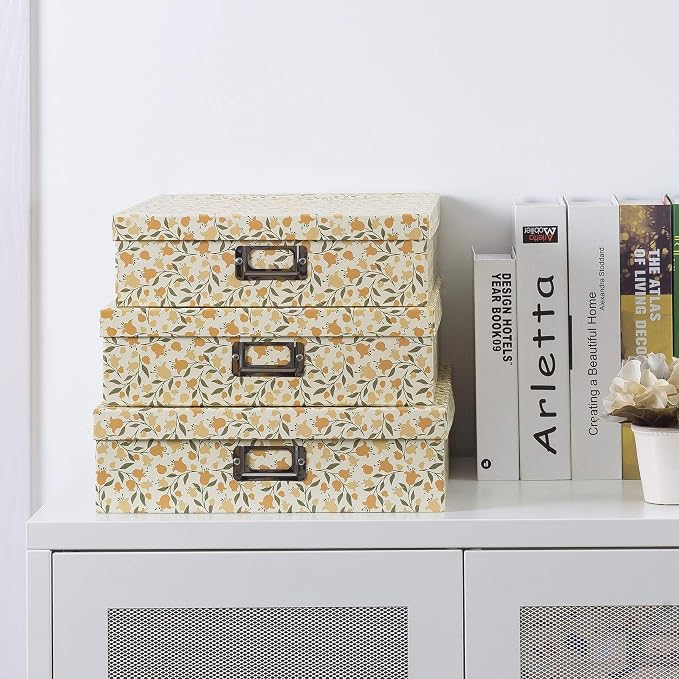 Soul & Lane - Keepsake Storage Boxes with Lids, Set of 3, Floral Dance | Decorative Cardboard Photo Box Set for Documents, Scrapbook Paper and Memories, Large Nesting Letter Organizers, Jumbo Size