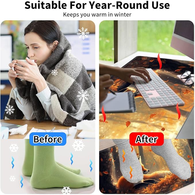 Warm Desk Pad,Heated Desk Pad,Office Mat,3 Heating Levels & 3 Hours Auto Shut-Off,31.5"*13" Gaming Mouse Laptop Keyboard Leather Desk Mat,Cute Fox Forest