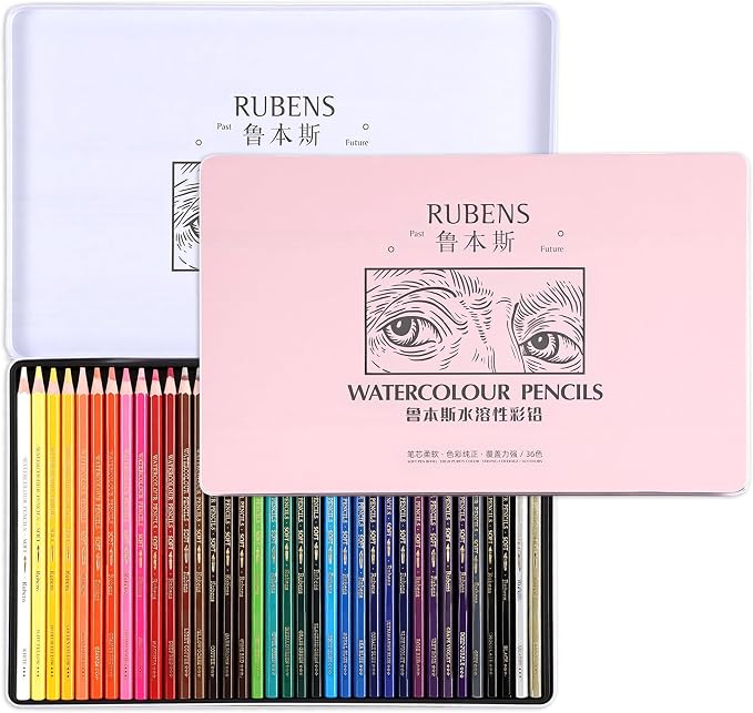 rubens Watercolor Pencils Sets, 36 Counts Soft Core Colored Pencils, Professional Artist Watercolor Pencils, Water Soluble Colors Pencils In A Metal Box for Adult Coloring, Drawing, Sketching
