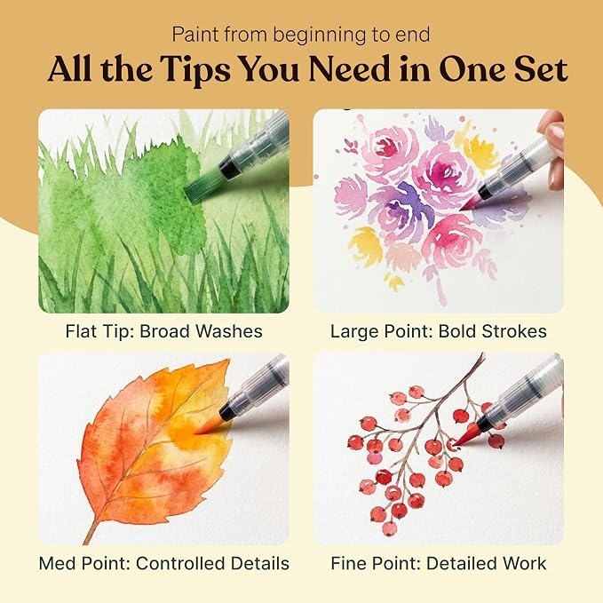 Original Tobios Watercolor Brush Pens Set – 4 Refillable Water Pens for Artists, Adults & Beginners, Leakproof Brush Tips for Blending, Calligraphy & Adult Coloring, Portable Paint Brush Set, Art Gift