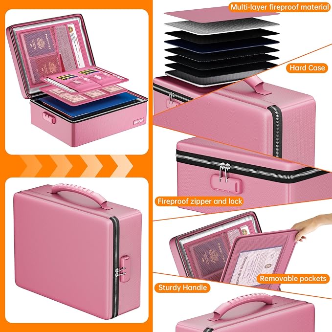 ENGPOW Fireproof Document Box with Lock & Heat-Resistant Fireproof Zipper | 6400°F 12-Layer Fire Protection, Hard File Organizer with Pockets, Portable Home Chest Safe Storage for Money,Jewelry, Pink