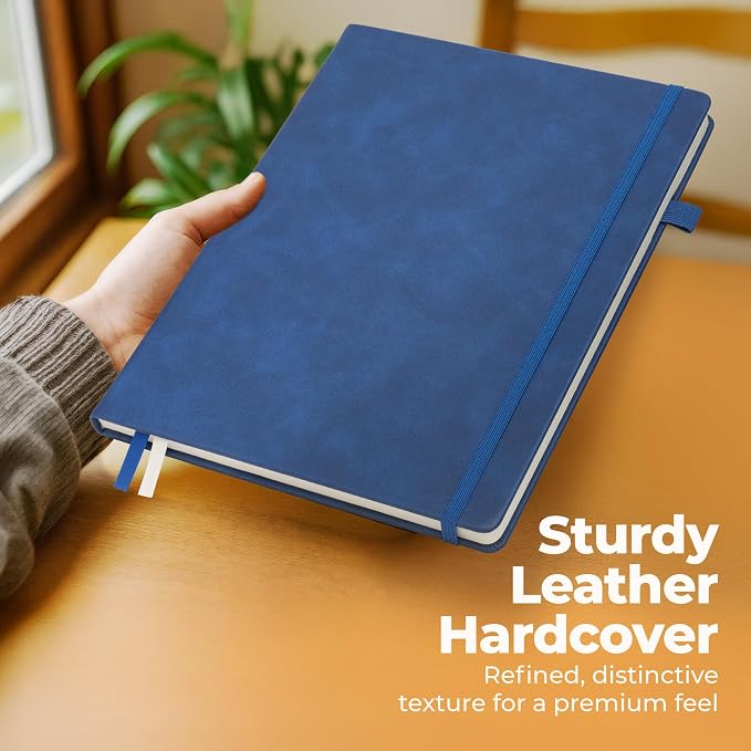 Classic Lined Journal Notebook 8.5x11" A4 Hardcover Leather - Blue - 200 Pages College Ruled Large with Sticky Tabs, Pockets, and Pen Loop for Writing and Journaling - Big Hardback Men and Women